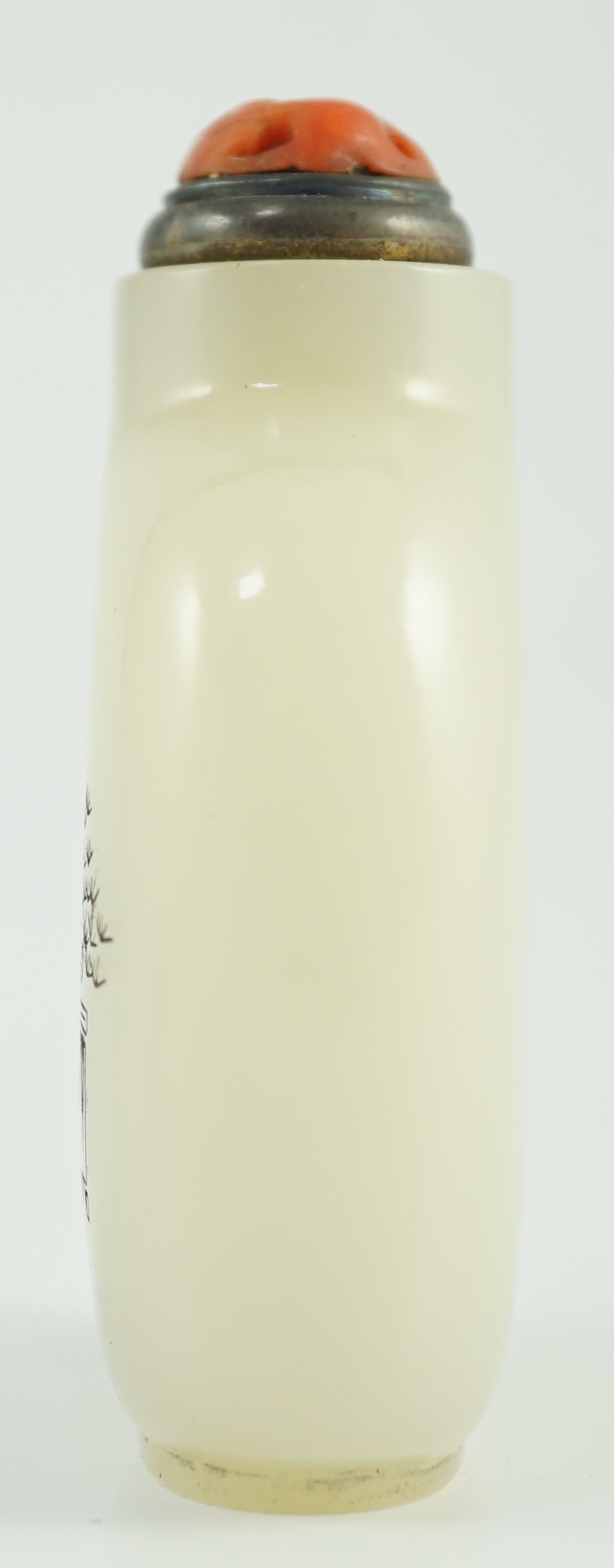 A Chinese inscribed white jade snuff bottle, 19th century, 6.7cm high, metal and coral stopper